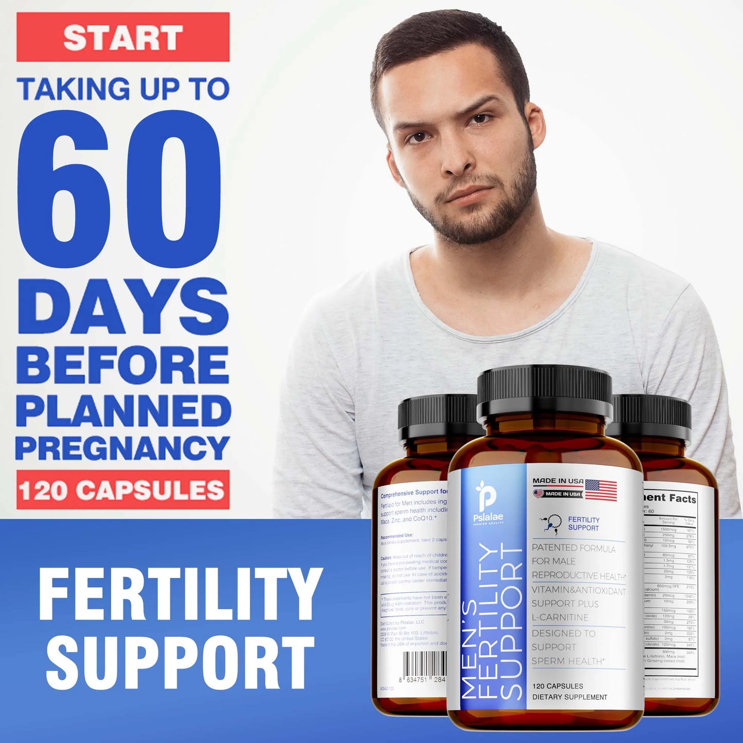 Men's Fertility Support, Ginseng, Multivitamins, Multiminerals, L-Carnitine, Maca, Niacin, Chromium - 120 Capsules Beauty World Shop