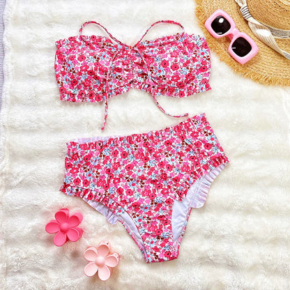 Flowers Printed Bandeau Female Swimsuit High Waist Bikini Women Swimwear Two-pieces Bikini set Bather Bathing Suit Swim V6613 Beauty World Shop
