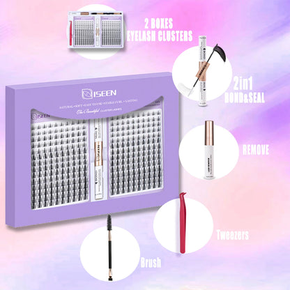 ISEEN DIY Eyelash Extension Kit Cluster Mix Eyelashes Full Set Lashes Kit with Lash Bond & Seal and Eyelash Tweezers and Brush Beauty World Shop