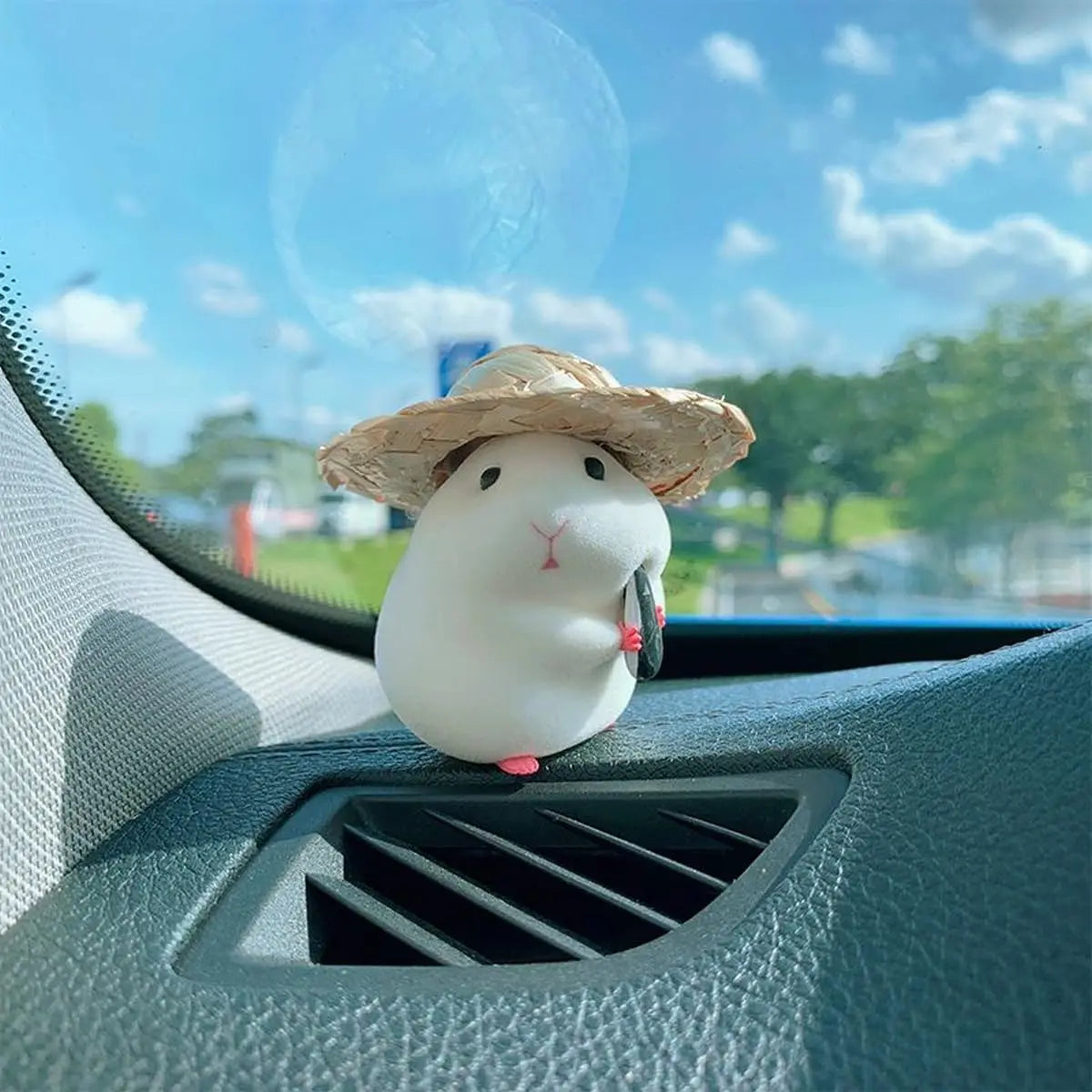 Cute Hamster with Straw Hat Car Ornament,Car Decoration Auto Interior Dashboard Accessories Beauty World Shop