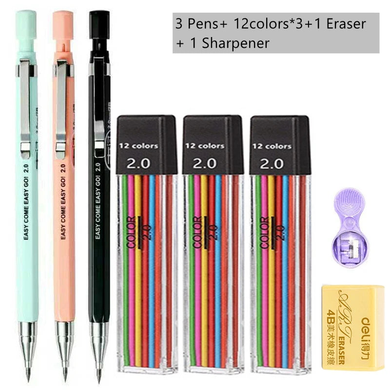 Mechanical Pencil Set 2.0 mm with 2B Black/Colors Lead Refill For Writing Sketching Art Drawing Painting School Automatic Pencil Beauty World Shop