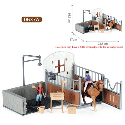 Oenux Farm Stable House Model Action Figures Emulational Horseman Horse Animals Playset Figurine Cute Educational Kids Toy Gift Beauty World Shop