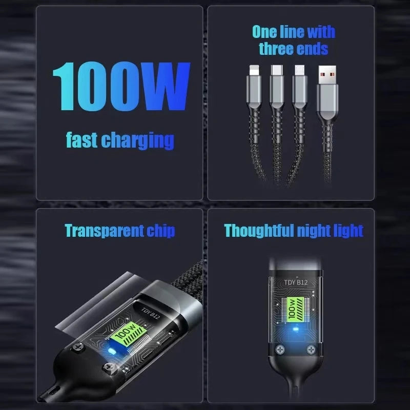 3 In 1 100w Transparent Fast Charging Cable Type C Usb Micro For Huawei OPPO Vivo Samsung Xiaomi Pilot Lamp Charger Usb C 6A Beauty World Shop
