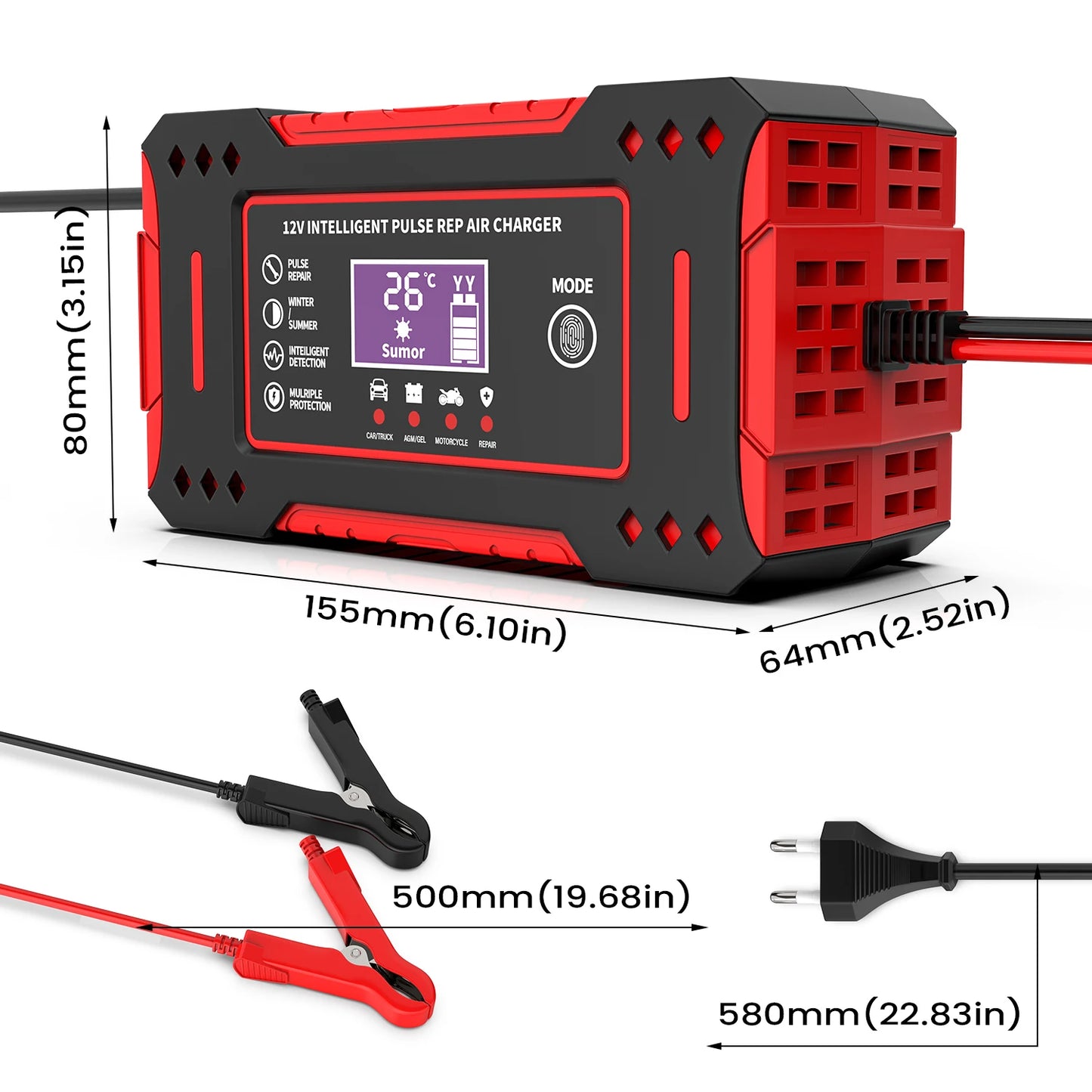 6A 12V Intelligent Car Battery Charger Car and Motorcycle Battery Charging Unit Lead-Acid Battery Repair LCD Display Beauty World Shop