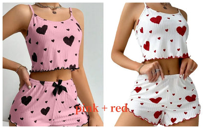 Women's Pajamas Set Sleepwear 2 PCS Short Tank Tops And Shorts S M L White Ventilate Soft Casual Love Printing Beauty World Shop