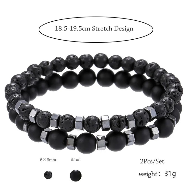 2pcs/set Beaded Bracelet Men Lava Stone Agate Tiger Eye Bead Charm Men Women Bracelet Sets Jewelry Best Gifts Pulsera Hombre Beauty Fashion