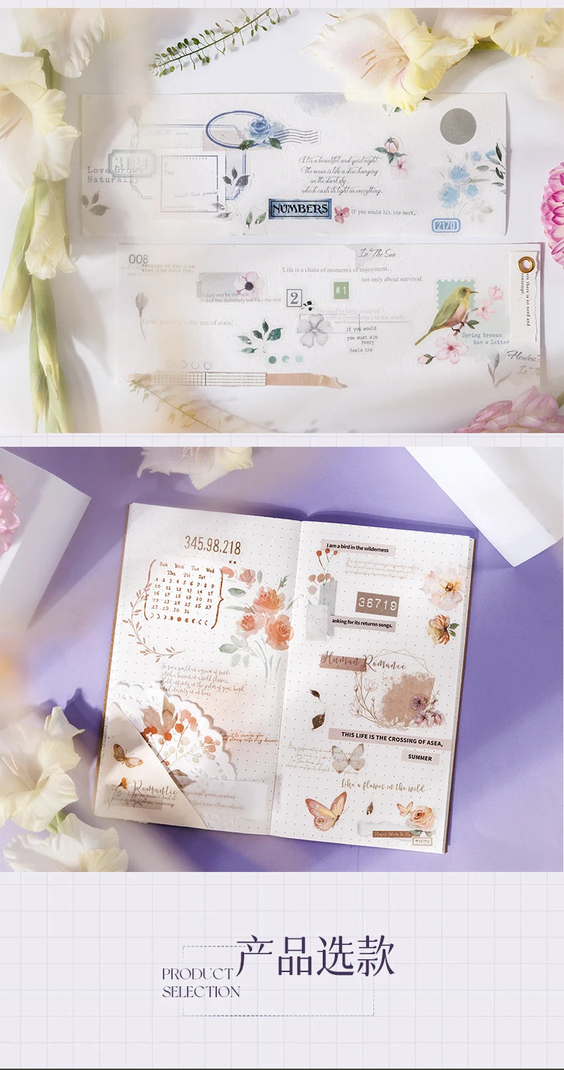 Yoofun 20pcs/lot PET + Washi Paper Aesthetic Flower Stickers Gift Card Journal Scrapbooking Diary Decoration Stationery Labels Beauty World Shop