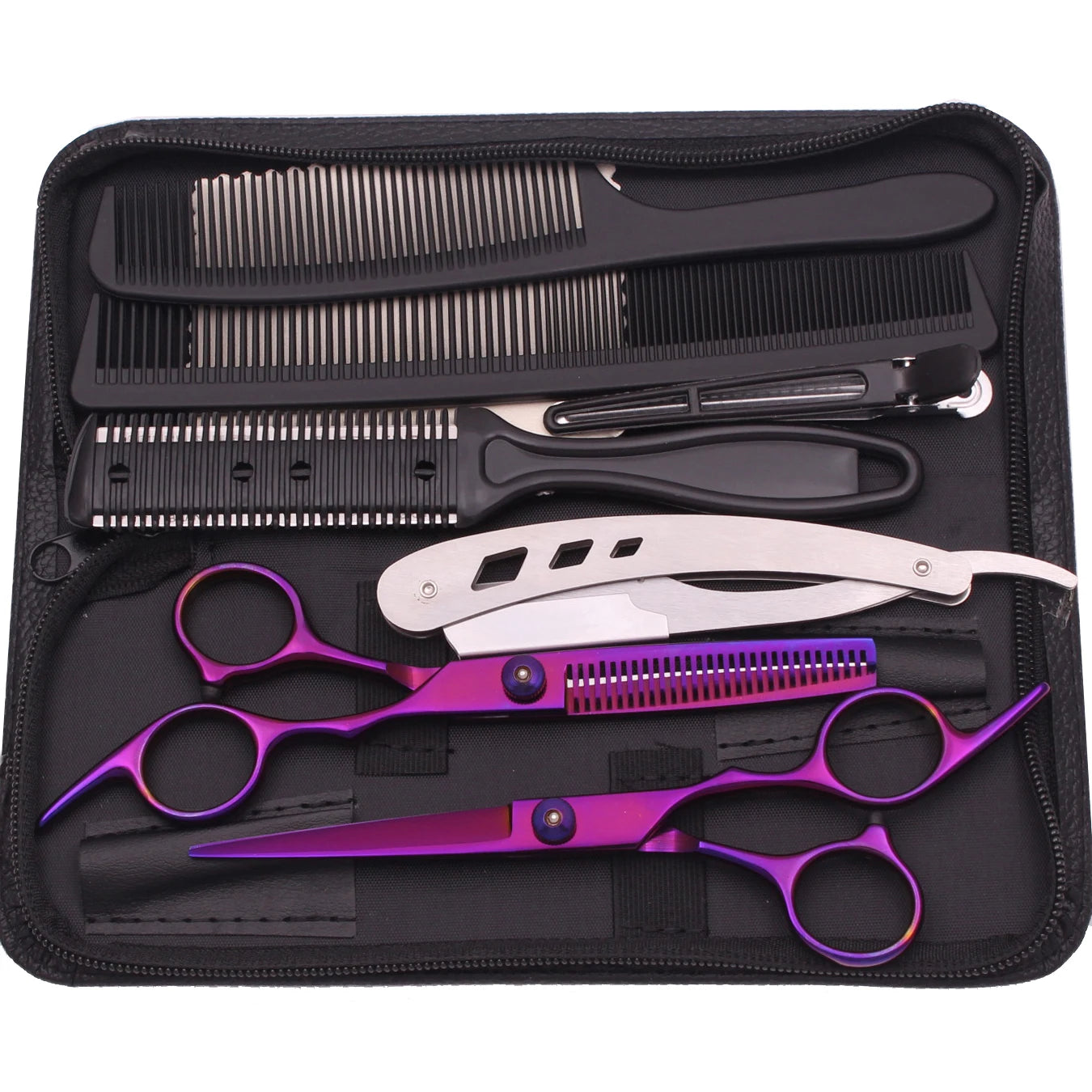 Hairdressing Scissors Japan Stainless Hair Scissors Purple Hair Cutting Scissors Barber Shop Thinning Shears Set Comb C1001 Beauty World Shop
