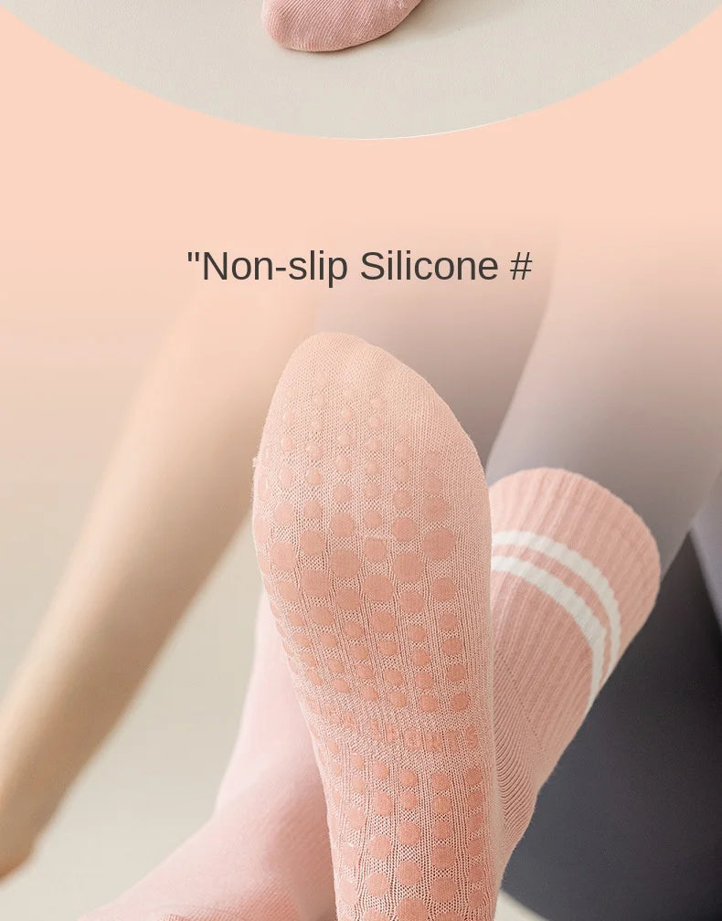 1 pair of women's yoga socks, skipping rope sports socks, Pilates indoor anti slip floor socks, double bar mid leg socks Beauty World Shop