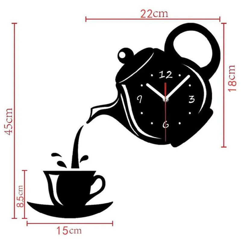 3D DIY Teapot Shape Wall Clock Acrylic Mirror Clock Modern Kitchen Home Decor Wall Sticker Hollow Digital Clock watch home clock Beauty World Shop