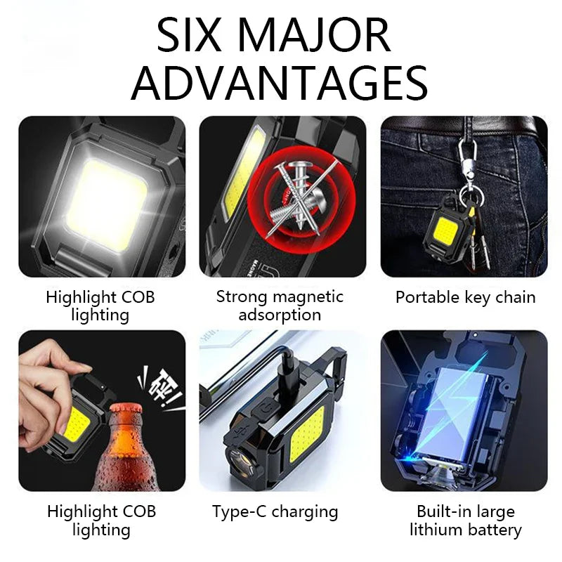 XPE Pocket Work Light 1000LM COB LED Mini Keychain Light USB Rechargeable Flashlight IPX4 Waterproof for Outdoor Camping Hiking Beauty Fashion