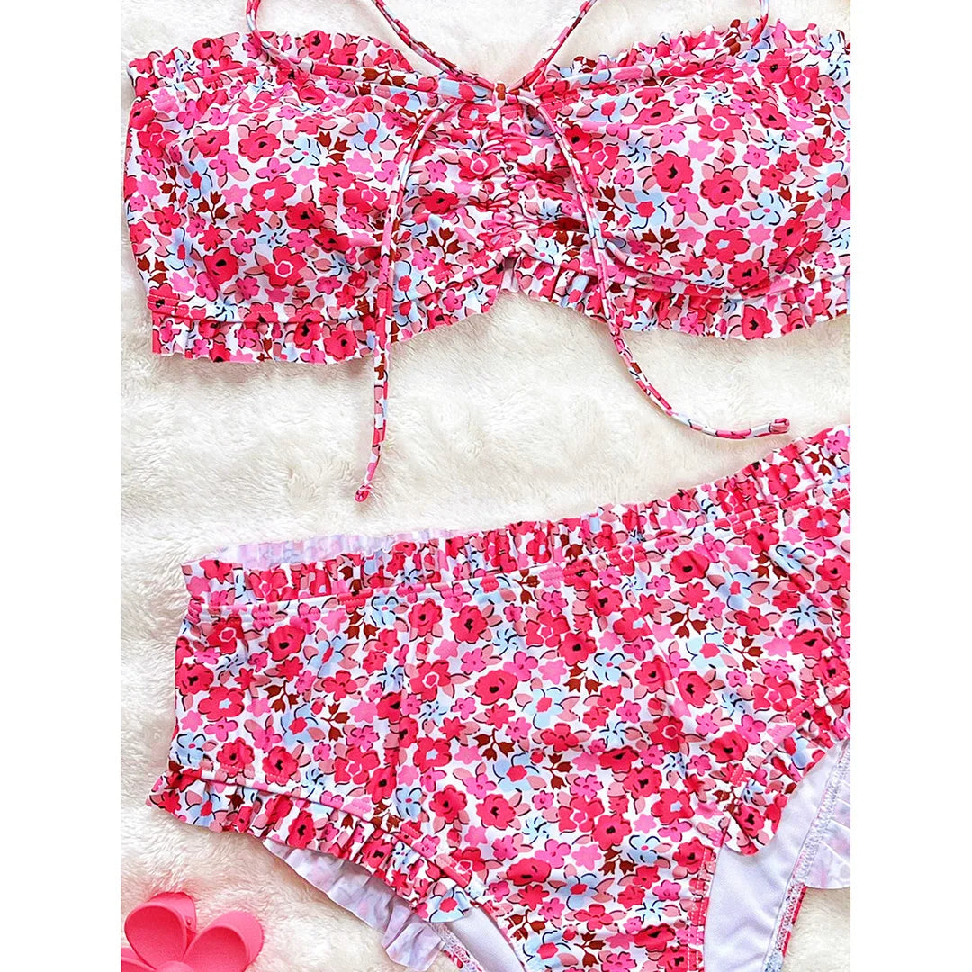 Flowers Printed Bandeau Female Swimsuit High Waist Bikini Women Swimwear Two-pieces Bikini set Bather Bathing Suit Swim V6613 Beauty World Shop