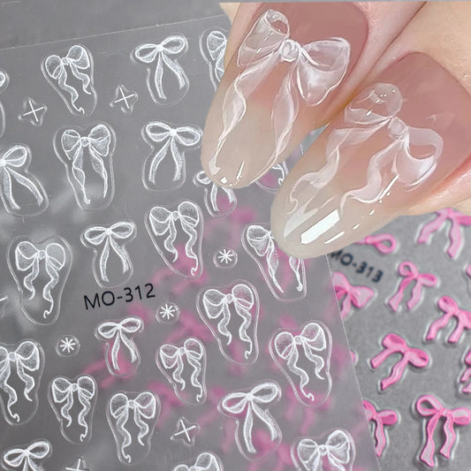 Bowknot Nail Stickers 3D Relief White Ribbon Cute Sweet Pink Self-Adhesive Nail Art Decoration Decals For Nail Tips Manicures Beauty World Shop