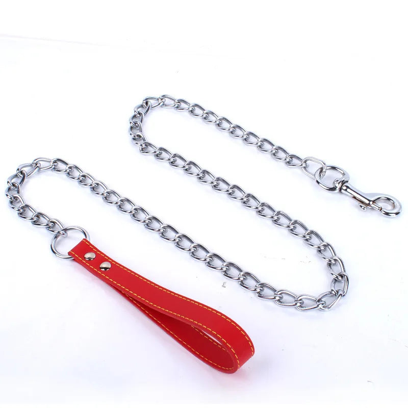 Metal Chain Dog Lead with Leather Style Handle Strong Control Leash Iron Dog Pets Supplies Collars Harnesses Chain Traction Rope Beauty World Shop