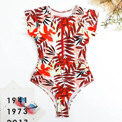 2024 Fashion Short Dress One-piece Swimsuit Zipper Swimsuit Sexy Bikini Women's Thickened Printed Swimming Beach Wear Summer Beauty World Shop