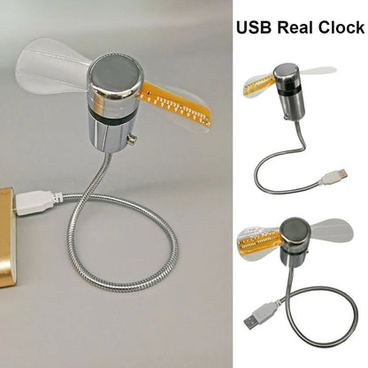 Portable Clock Fan RGB LED Night light 5V USB Hand Fan Real Time Temperature Display Metal Mini Fan for PC Laptop Desktop Cooler Beauty World Shop