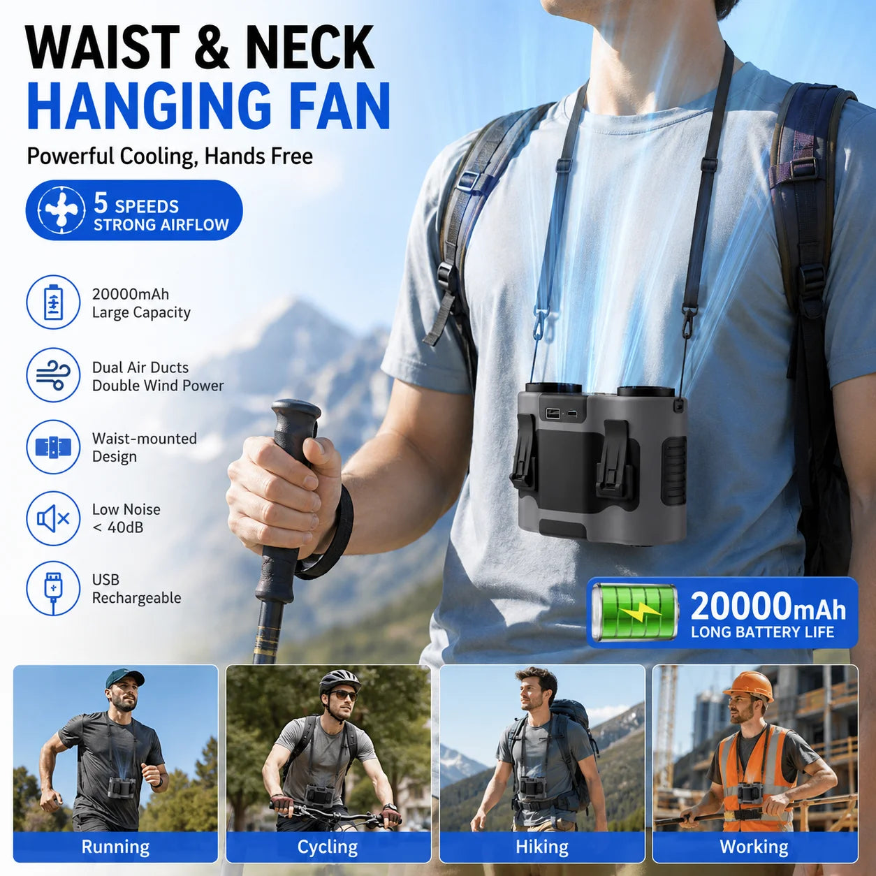 Portable Waist Clip Fan Mini USB Charging Hanging Fan with LED Flashlight Outdoor Single/dual Air Outlet Fan 20000/10000Mah F6/7 Beauty World Shop