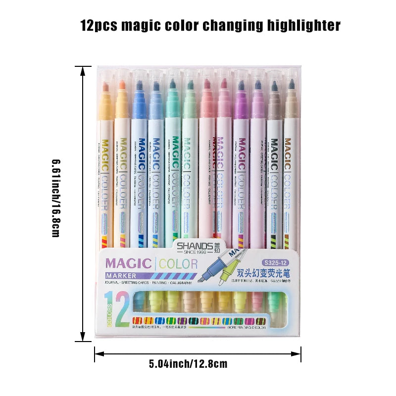 12pcs Double-ended Magic Color Changing Highlighter Pen Set, Student Diary Scrapbook Painting DIY Making, Classroom and Office S Beauty World Shop