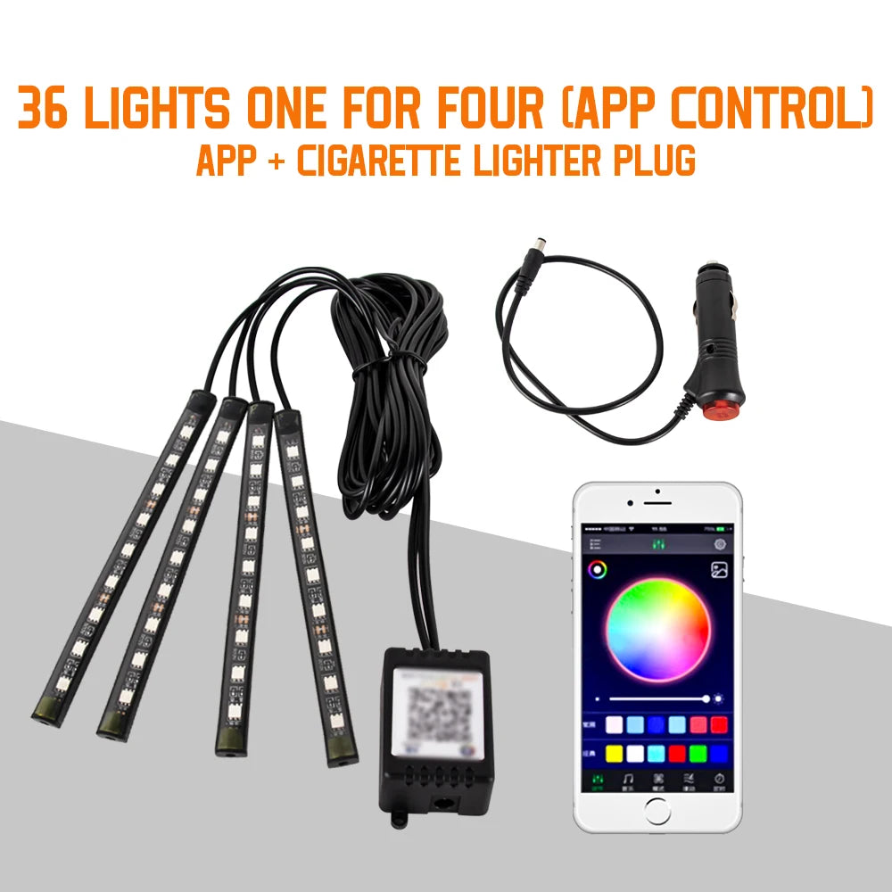 Neon 36 48 72 LED Car Interior Ambient Foot Light Wireless Remote Music APP Control Auto RGB Atmosphere Decorative Lamp Beauty World Shop