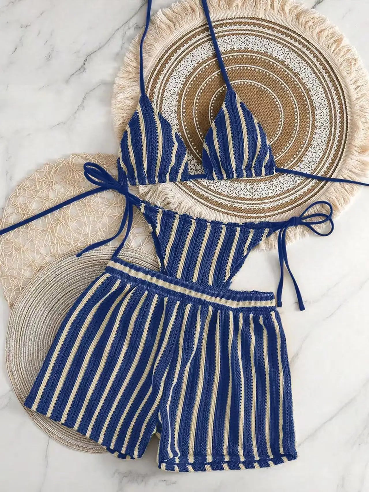 2026 new style boxer shorts mesh three-piece women's swimsuit neck lace-up bikini set Beauty World Shop