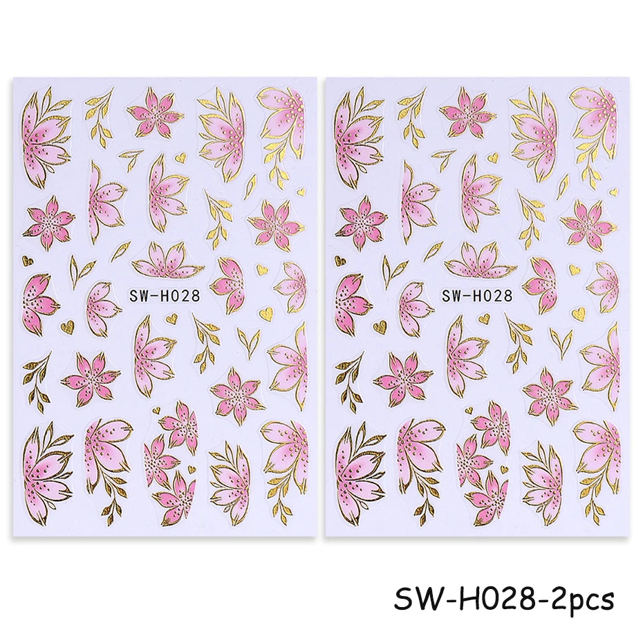 2/3pcs Golden Pink Hibiscus Flower Nail Stickers 3D Bronzing Border Petals Sakura Line Sliders Nail Decals DIY Manicure Decor Beauty World Shop