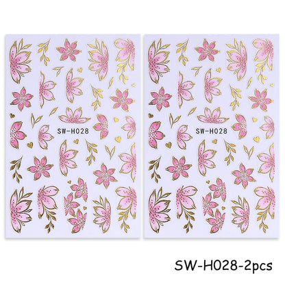2/3pcs Golden Pink Hibiscus Flower Nail Stickers 3D Bronzing Border Petals Sakura Line Sliders Nail Decals DIY Manicure Decor Beauty World Shop