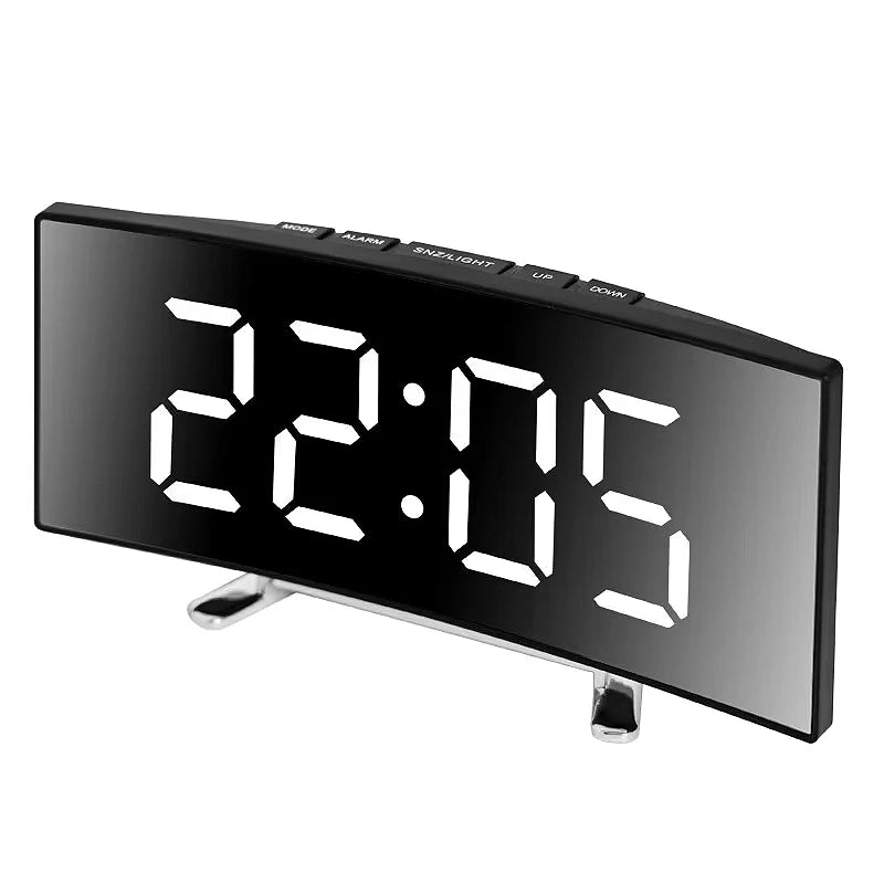 Creative Curved Electronic Clock, LED Large Screen Plug-in Battery Dual-purpose Mirror Alarm Clock, Student Bedroom Dedicated Beauty World Shop