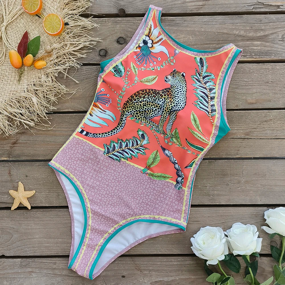 2026 New Printed One-piece Swimsuit Classic Printed Lace Up Swimsuit Women's Push Up Flower One-piece Suit Beach Wear For Female Beauty World Shop
