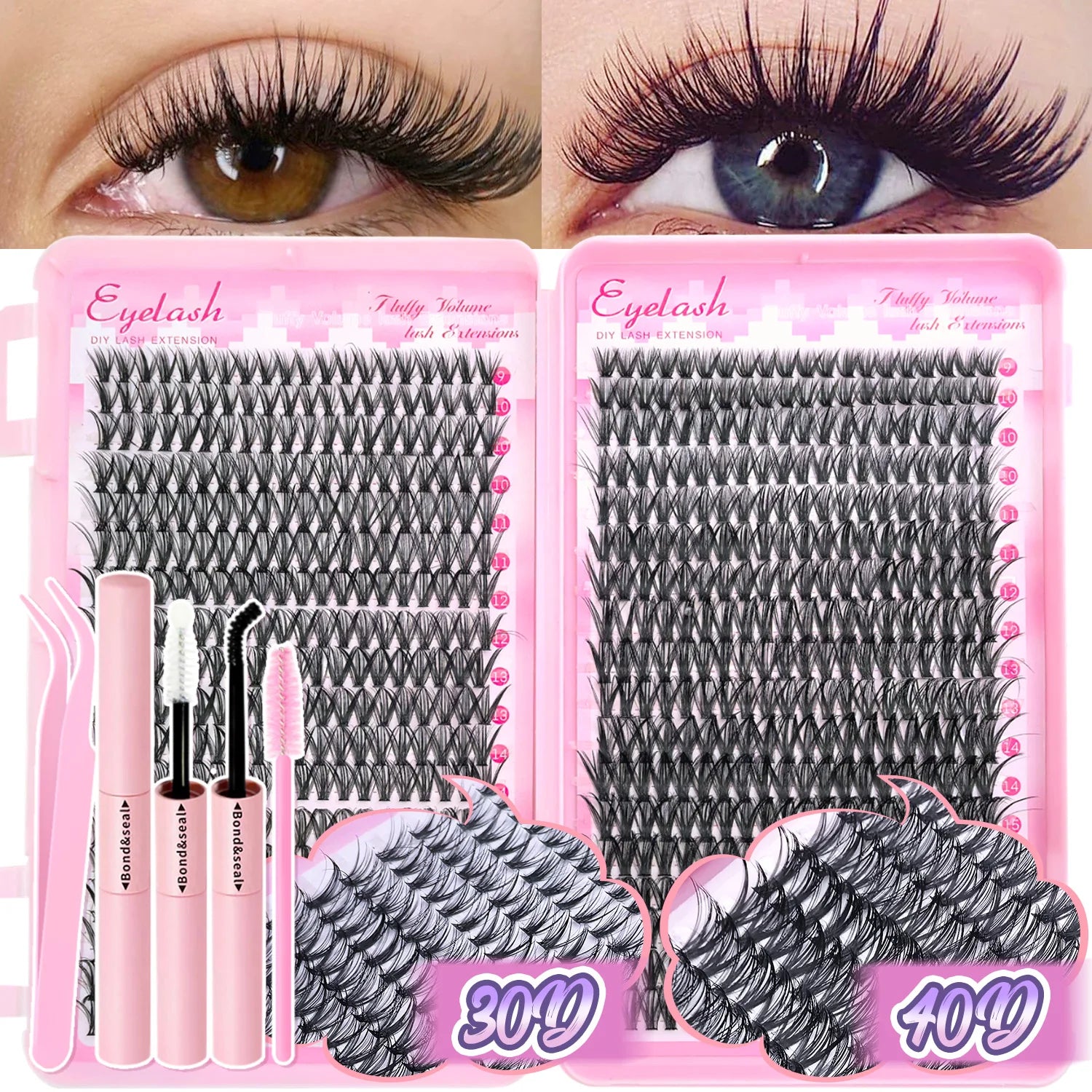 DIY Lash Extension Kit Clusters Individual Eyelashes Kit 9-16mm with Bond and Seal Wispy Natural Mange Lashes Beauty World Shop