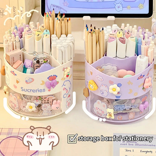 Cute Rotating Pen Holder Desktop Drawer Stationery Box Case School Office Desk Kawaii Stationery Storage Box Organizer Stickers Beauty World Shop