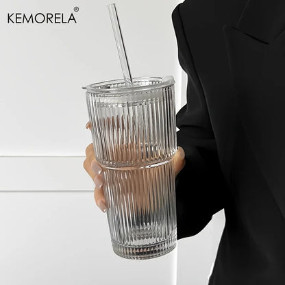 600ML Stripe Glass Coffee Cup With Lid and Without Cover Straw Transparent Drinking Glasses for Juice Iced Coffee Mugs Drinkware Beauty World Shop
