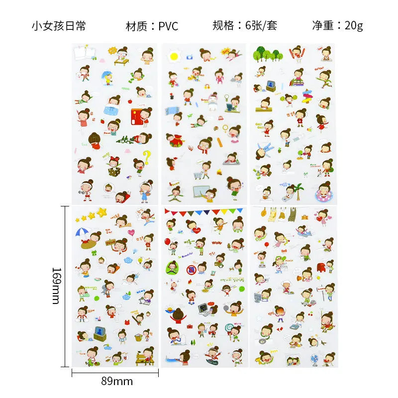 6Pieces/Set Transparent Pvc Waterproof Cartoon Sticker DIY Hand Account Decorative Stickers Kawaii Phone Cup Stickers Beauty World Shop