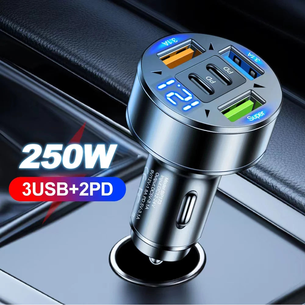 250W 5 Ports Car Charger Fast Charging PD QC3.0 USB C Car Phone Charger Adapter With Voltage For iPhone Samsung Huawei Xiaomi Beauty World Shop