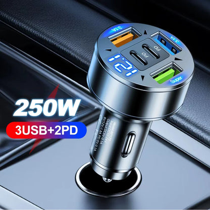 250W 5 Ports Car Charger Fast Charging PD QC3.0 USB C Car Phone Charger Adapter With Voltage For iPhone Samsung Huawei Xiaomi Beauty World Shop
