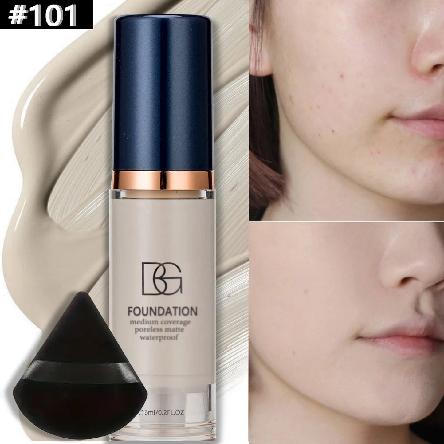 2Pcs Full Coverage Waterproof Liquid Foundation&Black Triangular Powder Puff-LongLasting Matte Finish Dark Circle&Blemish Cover Beauty World Shop
