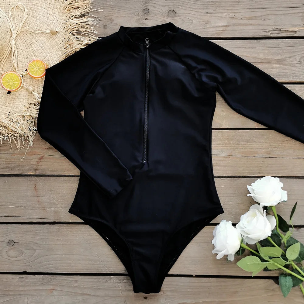 2026 Surfing Sport Swimsuit Long Sleeves Women One Piece Swimsuit  Swimwear Solid Monokini Bathing Suit Tropical Bodysuit Female Beauty World Shop