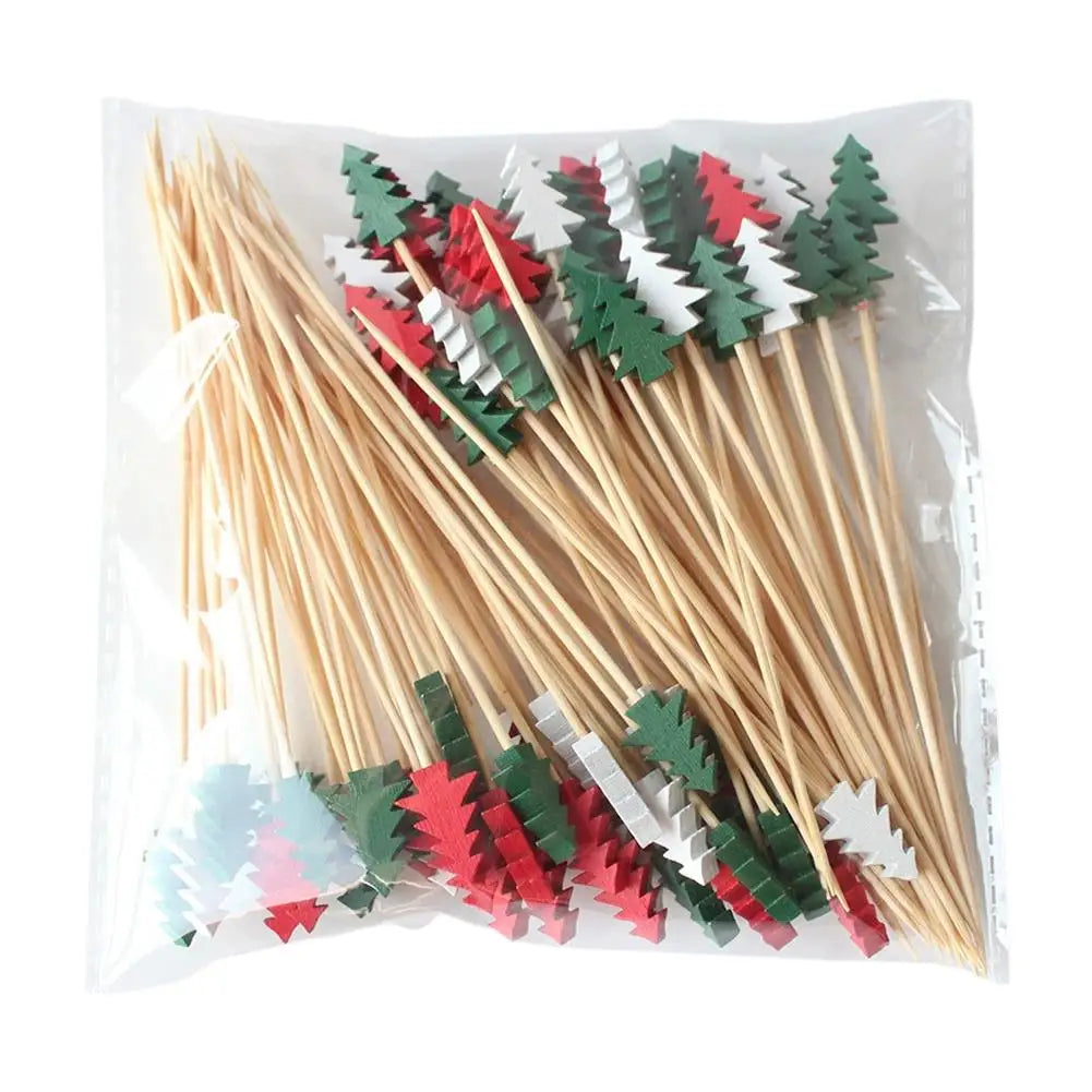 100Pcs Christmas Bamboo Skewer Cocktail Picks Cupcake Topper Disposable Food Dessert Toothpicks Fruit Sticks Party Supplies Beauty Trend Shop