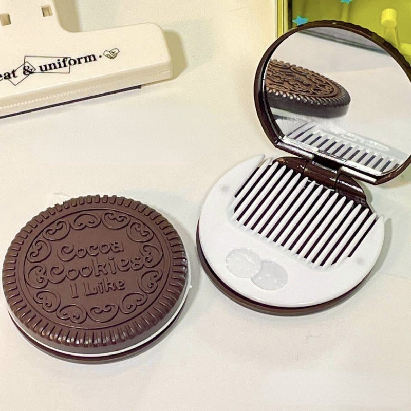 Chocolate Biscuit Round Folding Make Up Mirror Ins Kawai Outside Pocket Mirrors Women Small Cocoa Mirror with Combs Black Coffee Beauty World Shop