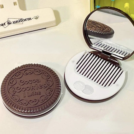 Chocolate Biscuit Round Folding Make Up Mirror Ins Kawai Outside Pocket Mirrors Women Small Cocoa Mirror with Combs Black Coffee Beauty World Shop