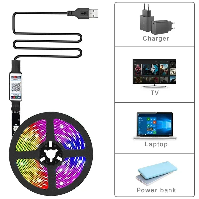 Bluetooth USB 5V RGB LED Strip Light 5050 Controller 5M Flexible Diode Lamp Tape Lights TV Background Lighting Desk Room Decor Beauty Fashion