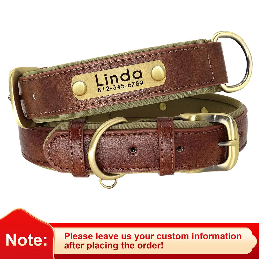 Customized PU Leather Nameplate Dog Collar Soft Padded Dogs Collars Free Engraving Name for Small Medium Large Dogs Adjustable Beauty World Shop