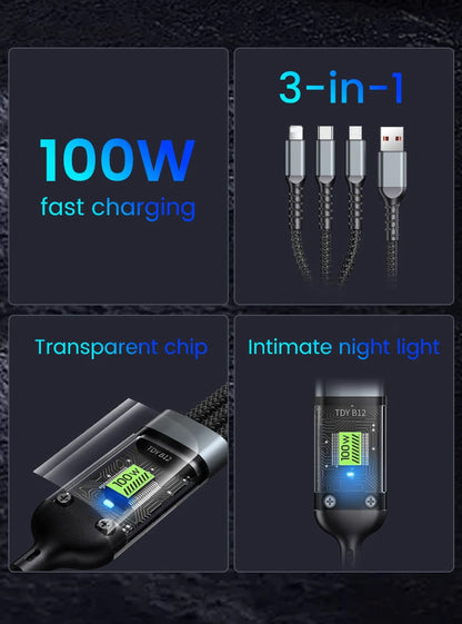 3 In 1 100w Transparent Fast Charging Cable Type C Usb Micro For Huawei OPPO Vivo Samsung Xiaomi Pilot Lamp Charger Usb C 6A Beauty World Shop