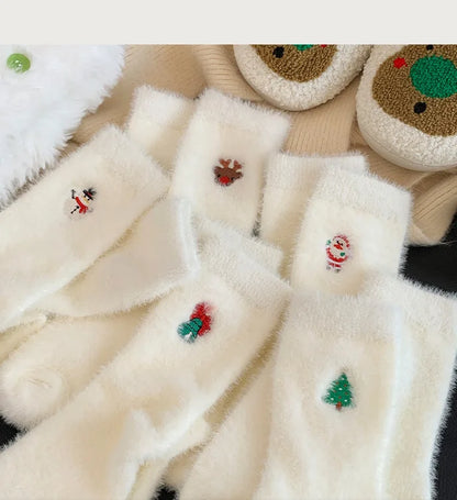 Autumn And Winter Socks, White Mink Fur Christmas Socks, Snowman Santa Claus Christmas Tree Elements, Thickened Warm Socks Beauty World Shop