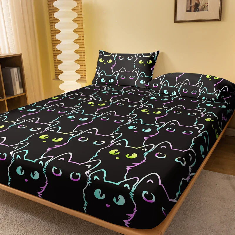1 Simple modern animal little cat printed matte Fitted Sheet, bedroom printed bed cover, bedding (excluding pillowcases) Home Accessories Store