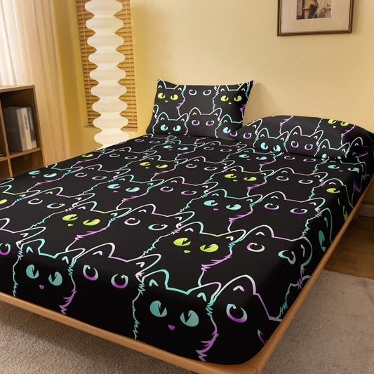1 Simple modern animal little cat printed matte Fitted Sheet, bedroom printed bed cover, bedding (excluding pillowcases) Home Accessories Store