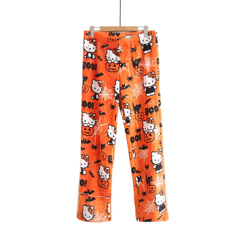2024 Sanrio Hello Kitty Pajamas Halloween Flannel Fashion Trouserswomen Kawaii Woolen Anime Cartoon Casual Home Pants Autumn Beauty Fashion