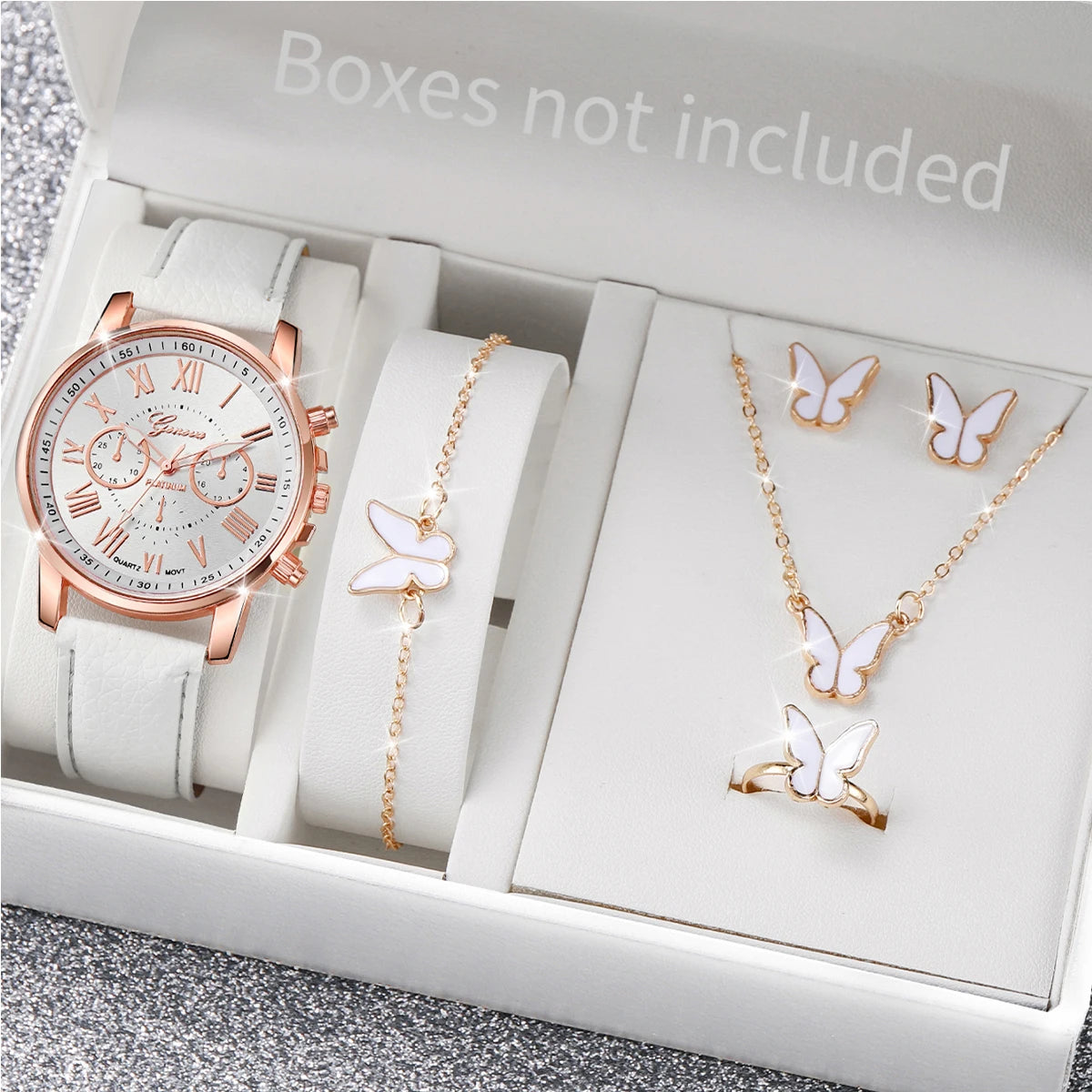 5/6PCS Fashion Women's Quartz Watch Leather Band Analog Wrist Watches Heart Rhinestone Jewelry Set(Without Box) Beauty World Shop