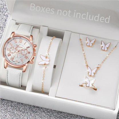 5/6PCS Fashion Women's Quartz Watch Leather Band Analog Wrist Watches Heart Rhinestone Jewelry Set(Without Box) Beauty World Shop