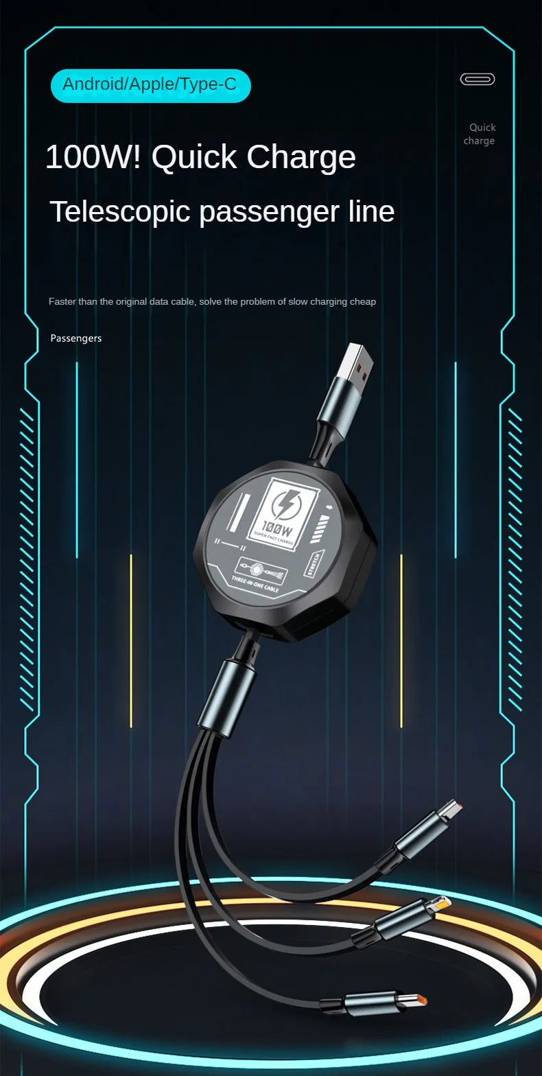 3 In 1 Retractable USB 100W Cable Fast Charging And Data Micro USB Type C For iphone6-14 Android Phone Xiaomi Huawei OPPO Beauty World Shop