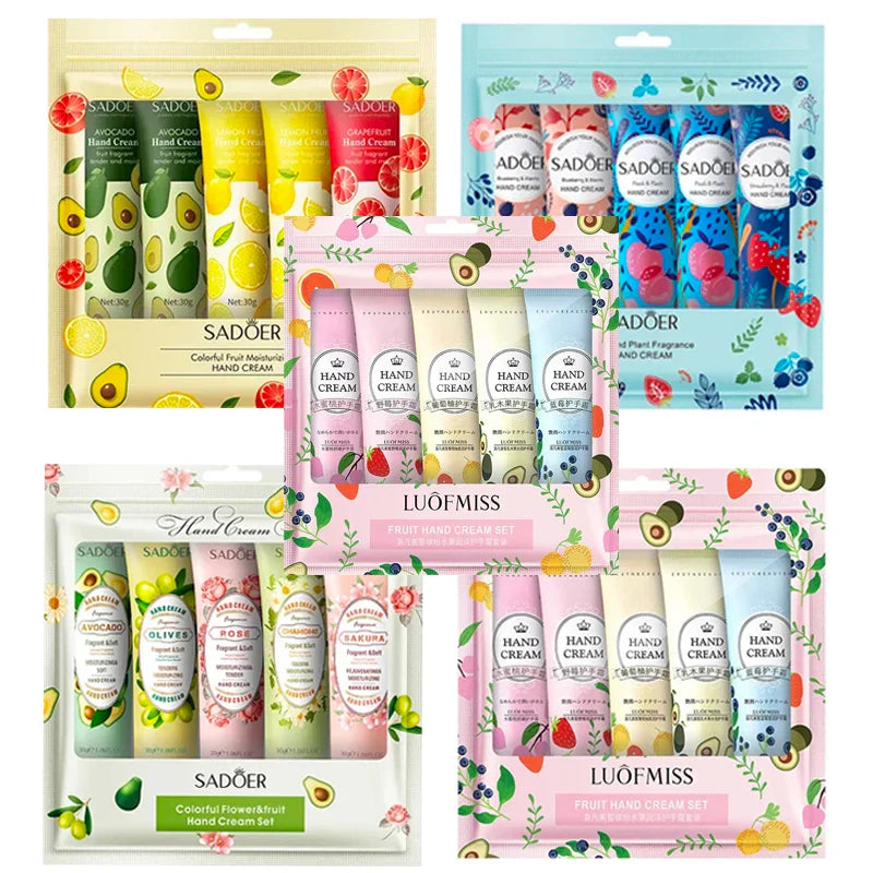 5Pcs/set Fruit Plant Fragrance Hand Cream Sets Moisturizing Repair Anti Dry Hand Lotion Sets Hands Skin Care Products Beauty Trend Shop
